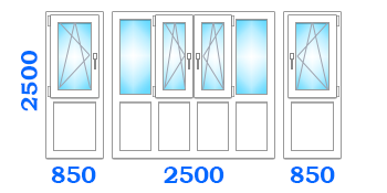 Остекление французского балкона с четырьмя поворотно-откидными створками, размером 2500х850х2500 в лучшем варианте