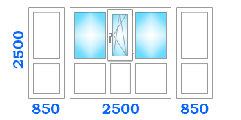 Скління французького балкона з однією поворотно-відкидною стулкою, розміром 2500х850х2500 в економ-варіанті