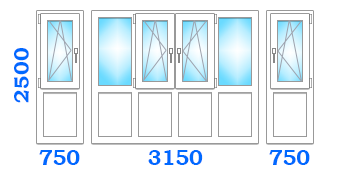 Остекление французского балкона с четырьмя поворотно-откидными створками, размером 3150х750х2500 в лучшем варианте