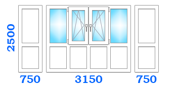 Скління французького балкона з двома поворотно-відкидними стулками, розміром 3150х750х2500 в оптимальному варіанті