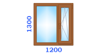 Двухчастное одностворчатое окно с ламинацией со створкой 450 мм, размером 1200х1300 в эконом варианте