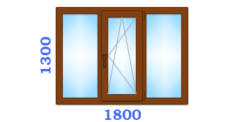 Трехчастное одностворчатое окно с ламинацией, размером 1800х1300 в эконом варианте