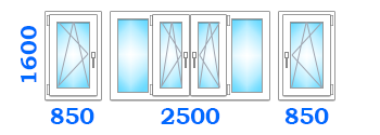 Скління балкона з чотирма поворотно-відкидними стулками, розміром 2500х850х1600 у кращому варіанті