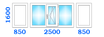 Скління балкона з однією поворотно-відкидною стулкою, розміром 2500х850х1600 в економ-варіанті