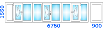 Остекление балкона с тремя поворотно-откидными створками, размером 6750х900х1550 в оптимальном варианте
